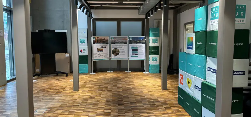 Innenraum des InfraLab Berlin mit Ausstellungselementen und Präsentationswänden